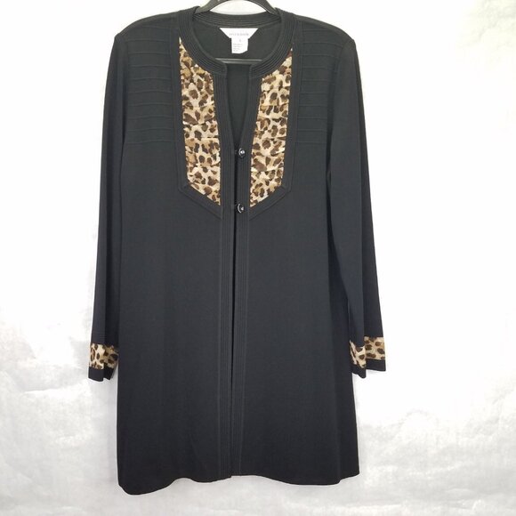 MISOOK Long Cardigan Jacket Women's L Black Leopard Trim Button Up Textured Knit - Picture 3 of 13